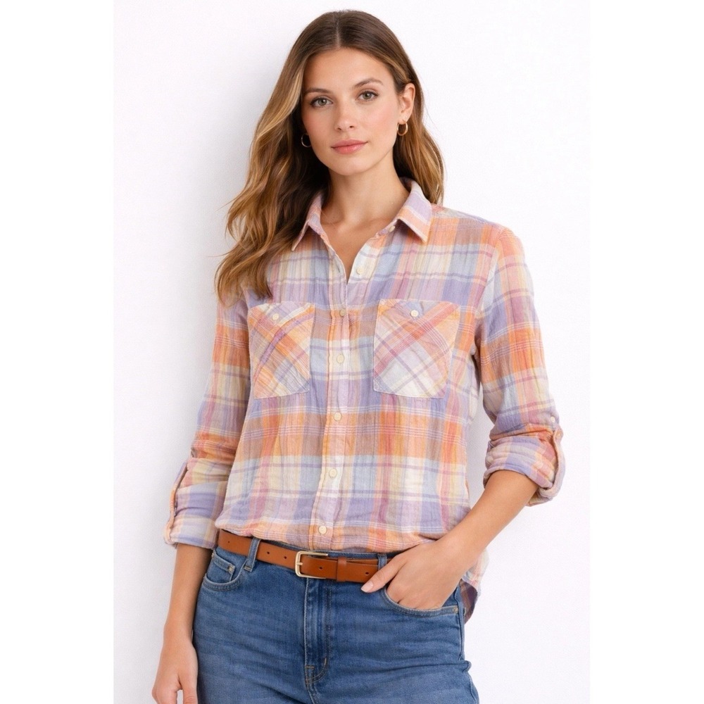 Lauren Ralph Lauren Button Up Shirt‎ Large Multicolor Plaid Excellent Gauze